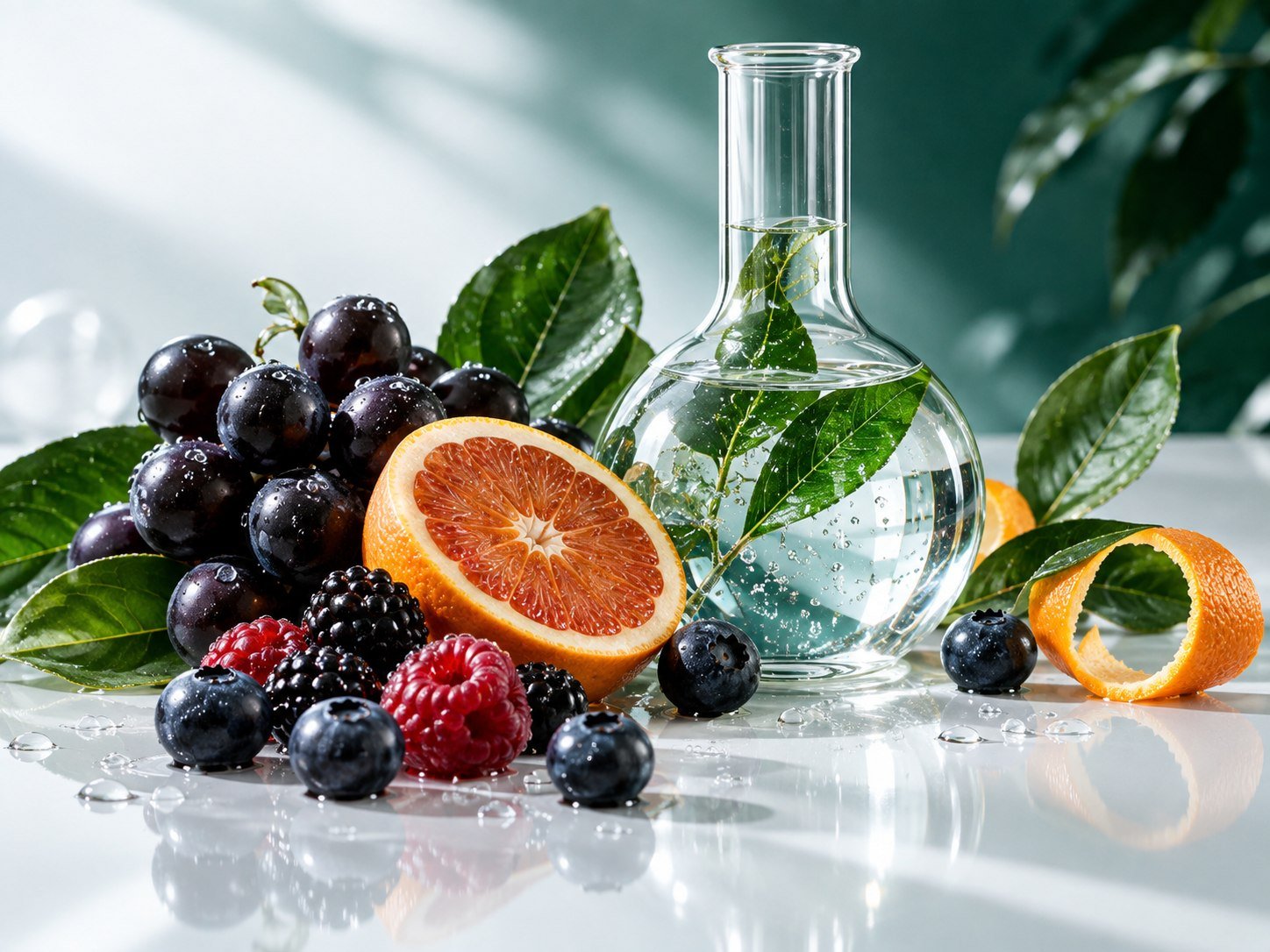 Frutos, cítricos y hojas junto a una pieza de vidrio de laboratorio