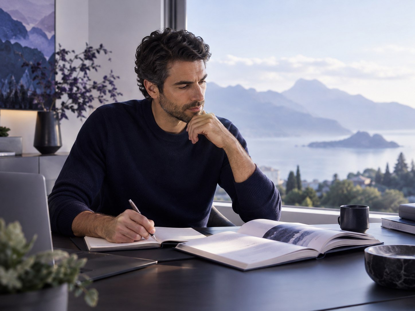 Persona concentrada leyendo y tomando notas