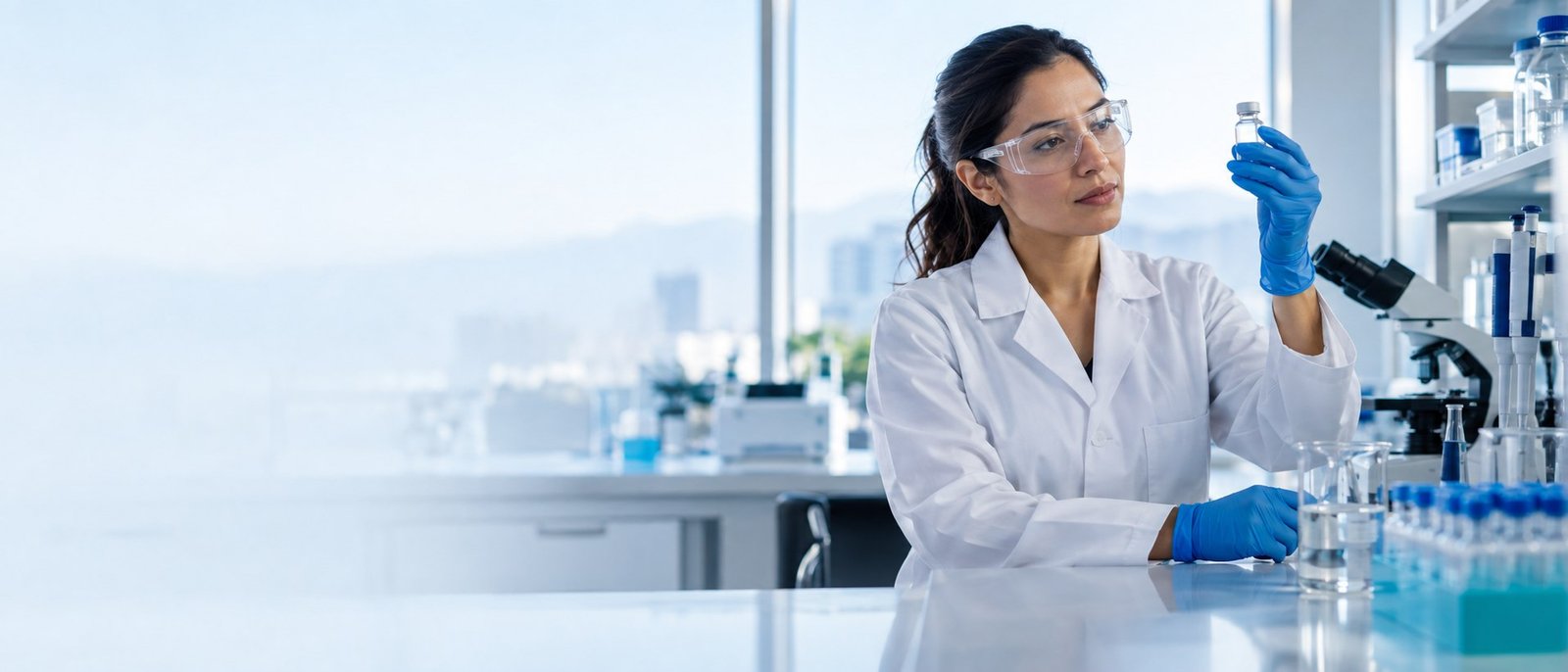 Especialista de laboratorio inspeccionando un frasco de investigación en un entorno científico luminoso